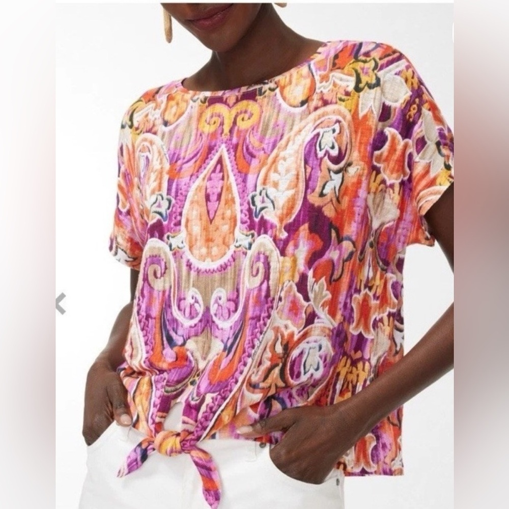 Chico’s Linen Colorful Blouse Top Purple Orange Size 3 (XL) Beach Boho Chic EUC